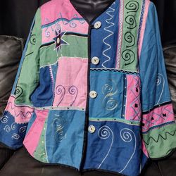 Indigo Moon Whimsical Swirl Patchwork Button Up Jacket