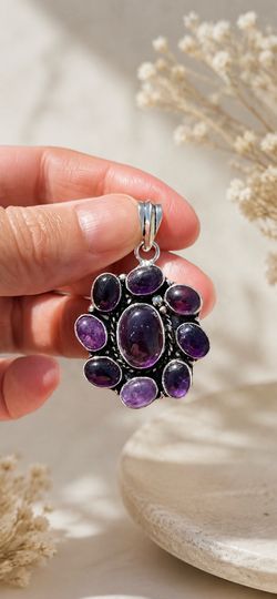 Round Cluster Amethyst Silver 2” Pendant