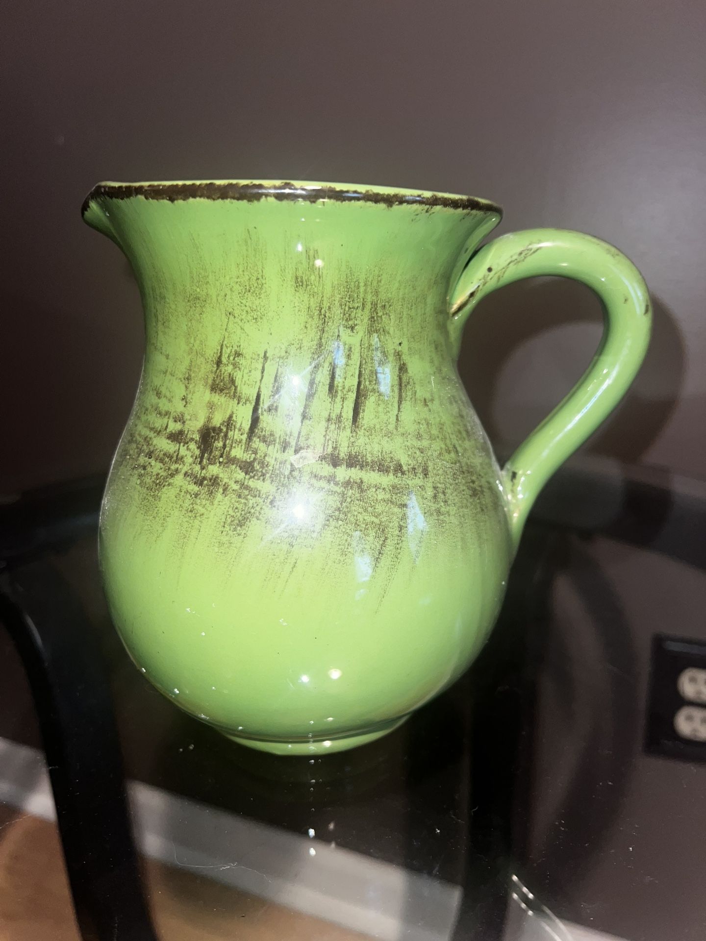 Vintage green w brown splatter ~7” ceramic pitcher made in Italy - EUC
