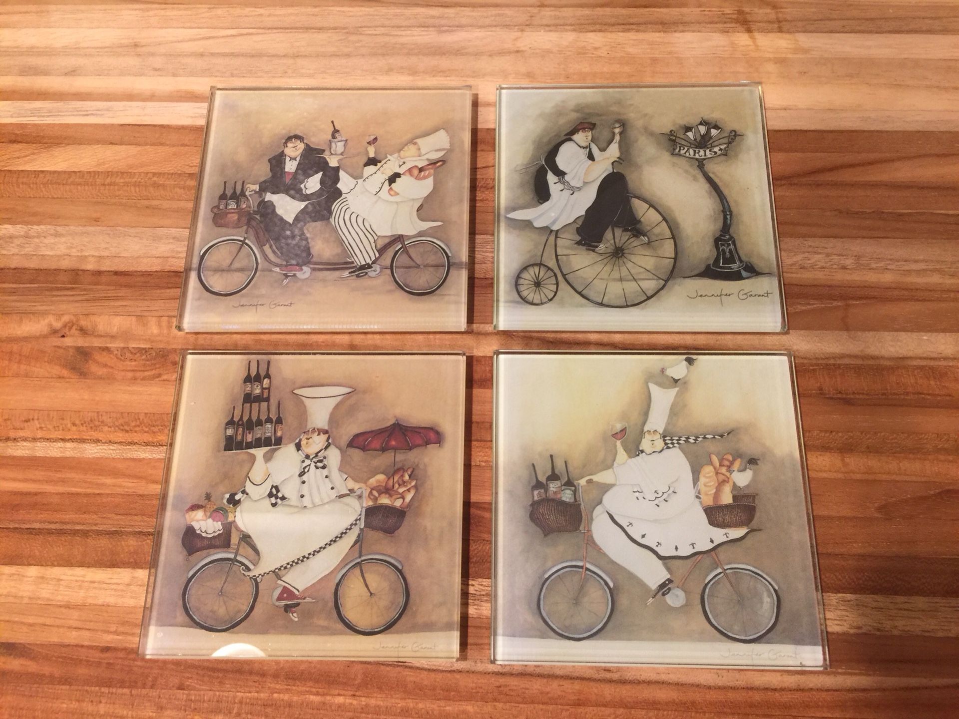 Jennifer Garant glass drink coasters French Italian chefs on bikes wine art (set of 4)
