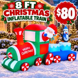 8 Ft Christmas Inflatable Train with Santa & Penguin