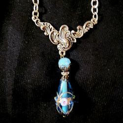 Vintage Blue Crystal and Victorian Style Silver Pendant Necklace