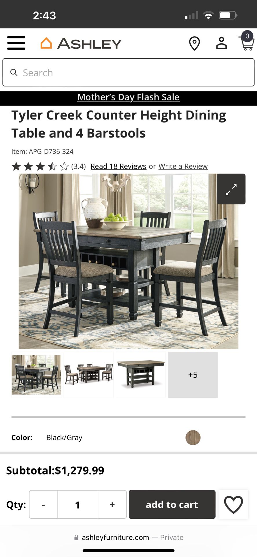 Ashley: Tyler Creek Counter Height Dining Table and 4 Barstools