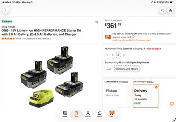 Ryobi one+ 2-4Ah, 1 -2Ah 18V lithium battery high performance starter kit