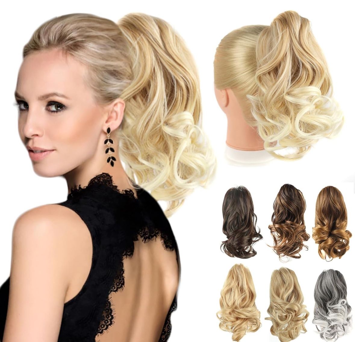 Claw Clip Short Ponytail Extensions, Bendable Metals Clip on Pony Tails (12 inch medium to white)