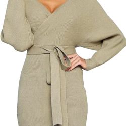 Green Sweater Dress Deep V Neck Batwing Sleeve Wrap Sexy Backless Mini Bodycon Dress with Belt S M