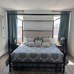 King Size Canopy Beige Tufted Mirrored Bed For Sale $600