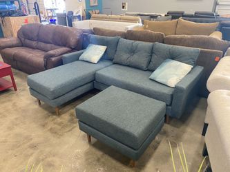 Dusty Blue Fabric Sectional with Ottoman