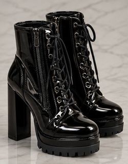 Black Patent Lace-Up Platform Ankle Boots Size 10