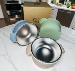 Stainless Steel and Silicone Baby Bowls with Suction 3 Pack, 4.3” for Toddlers Kids Feeding, Non-Slip, Non-Toxic, Mess-Free, Dishwasher Safe, Fit High
