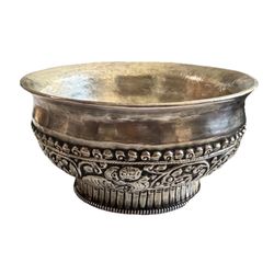 Vintage Large Hand Carved Traditional Tibetan Auspicious Floral Pattern Rice Wine Bowl & Butter Tea Cup 5”inch Wide.