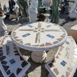 Concrete Mosaic Picnic Table with 3 Benches/ Outdoor Patio Furniture