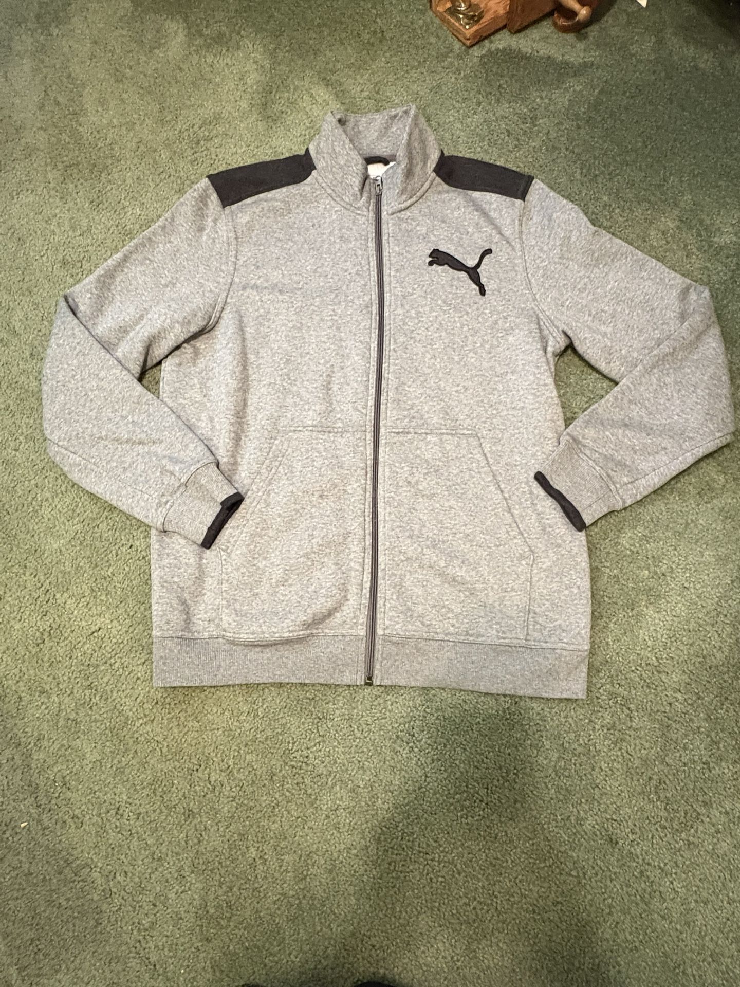 Puma Men's Full Zip Logo Fleece Track Jacket Kangaroo Pockets (Large, Heather Grey)