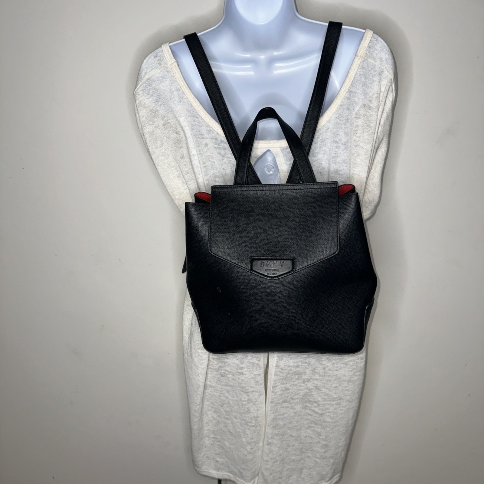 DKNY Sullivan Black Textured Leather With Red Color Accents Flap Over Backpack