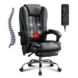 Black Leather Heated Massage Office Chair with Retractable Footrest, 6 Vibration Points and Wheels

