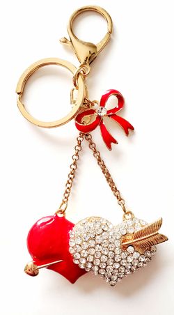 Keychain Purse Charm - Red Enamel Heart Rhinestone Encrusted Key Chain Charm
