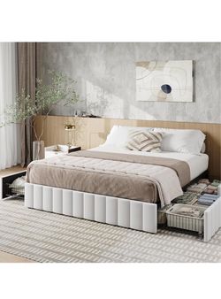 Full Size White Upholstered Platform Bed Frame with Storage Drawers