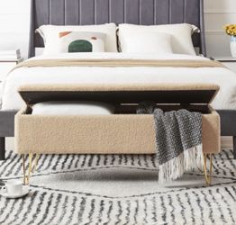 43.3” White Storage Bench – Bedroom, Entryway, End of Bed, Ottoman with Gold Legs