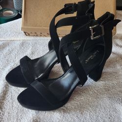 Lov Mark Mota Strappy Heels, Black Suede / Velvet, Size 10, With Box, Good Condition 