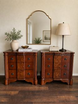 Elegant Cherry Burl Nightstands by Crescent Fine Furniture – Luxury 3 drawer End Tables