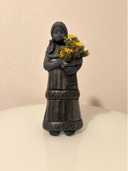 Black Clay Figurine Female with Flowers Mexico