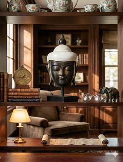 Buddha Head Statue Carved Wood Color White Art Decor Handmade New Indonesia 14"H