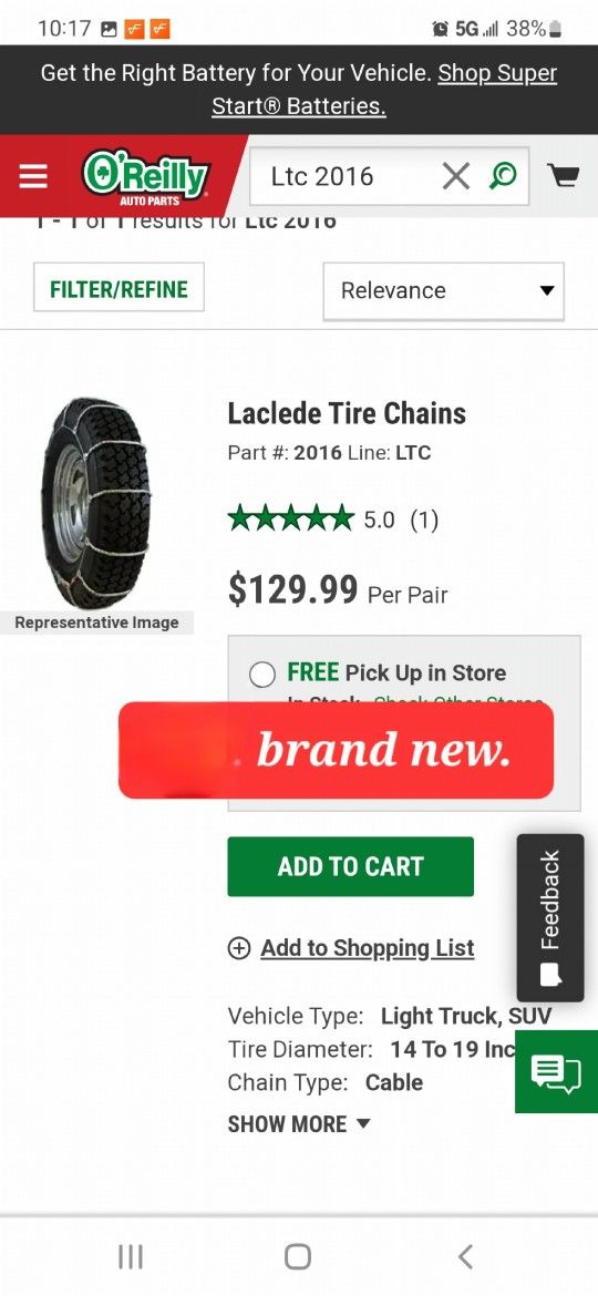 Snow chain pair from oreilly, Brand new, i bought them just in case and never used them because i got a new car.
Asking $100.
These retail 129.99 plu
