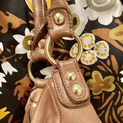 Linea Pelle large tan leather zebra canvas interior slouch handbag purse gold brass hardware 