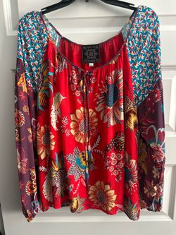 Johnny Was Jade red mixed floral peasant blouse size L