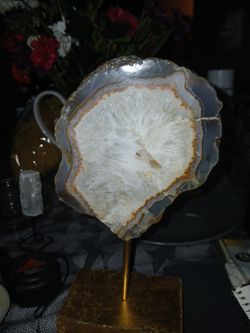 Polished Slice Of Agate With A Quartz Crystal Cut