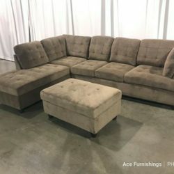 Brand New Brown Chenille Fabric Sectional With Storage Ottoman 
