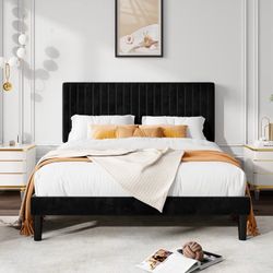 Full Size Velvet Upholstered Platform Bed Frame with Adjustable Vertical Channel Tufted Headboard, Black