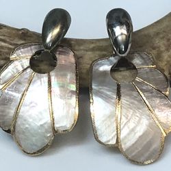 Vintage MOP Gold Tone Door Knocker Pierced Earrings 