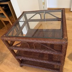 Square Glass Top Leather Woven Coffee or Side Table 
