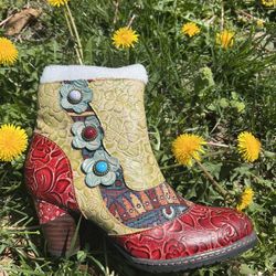 Luxury Handmade Boho Floral Leather Ankle Boots – Artistic Statement Piece