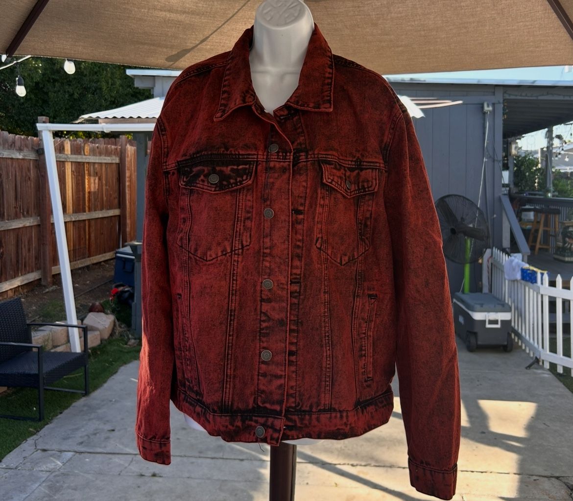 Smoke & Ash Red Denim Jacket – “Sinister” Cross – Men’s Large