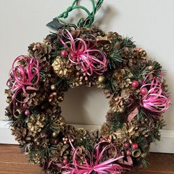 Wreath from 1980s Primarily Made Of Pinecones And Decorated With Pink Ribbons