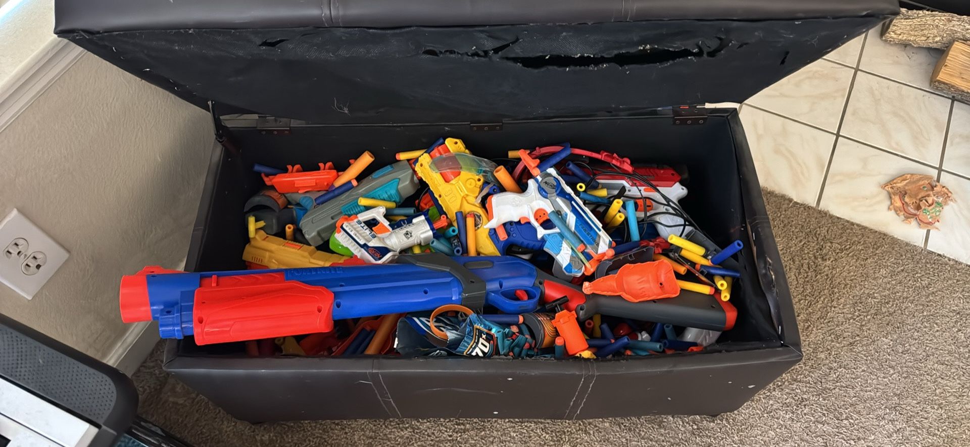 Toy Box Full Of Nerf Guns and Bullete