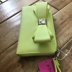 Betsey Johnson Yellow Bow Zip Around Bifold Large Wristlet Wallet Clutch Purse