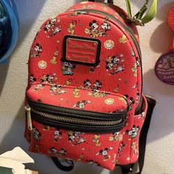 Disney Parks Mickey & Minnie Runaway Railway Ride Red AOP Loungefly Backpack with matching wallet