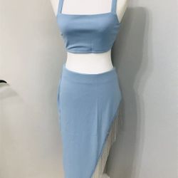 Fashion Nova Blue Crop Top & Skirt Women’s Set Size Medium  With Rhinestones/fringe