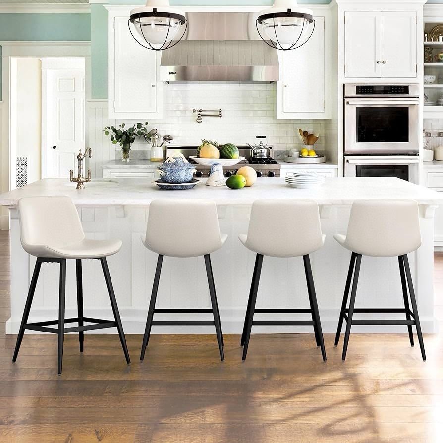 White Set of 4 Modern Bucket Barstool, 24 inch Counter Stool, Barstools with Back and Footrest, Faux Leather Bar Stools