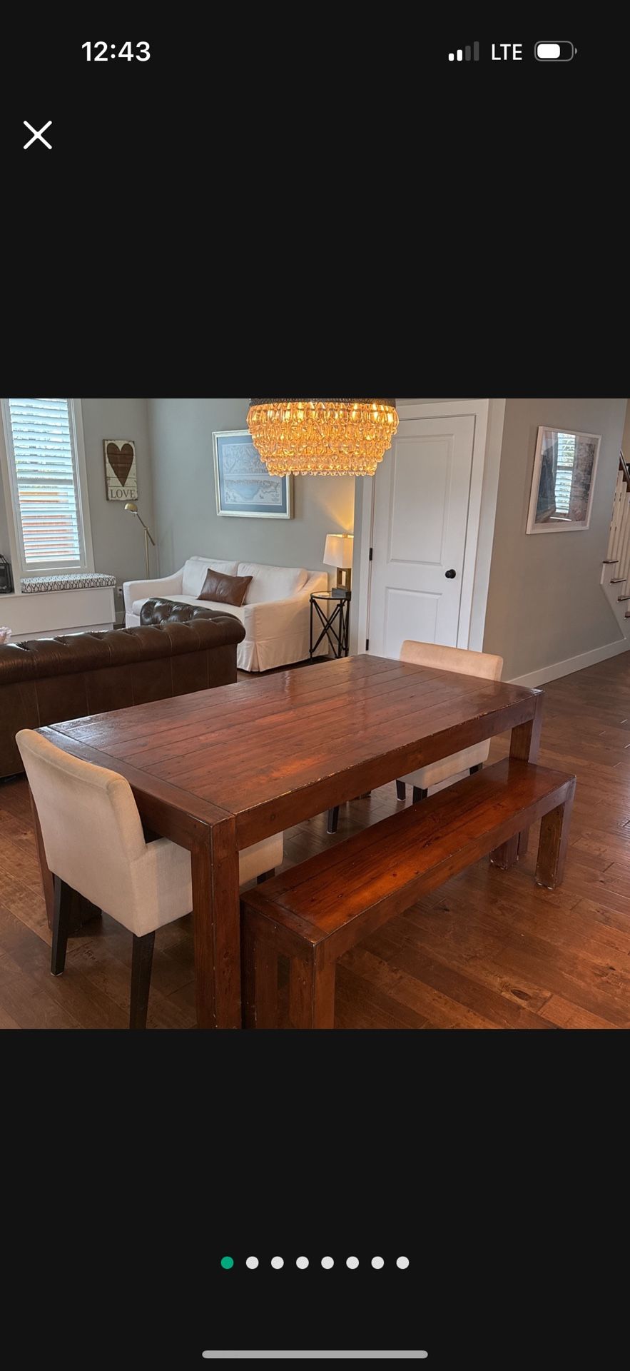 Custom Wood Dining room Table Two Benches And Two End Chairs