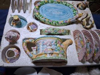 Ceramic Cottage Tea Set with Animal Figurines