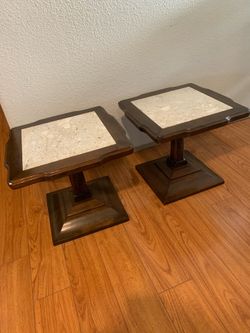 MCM-VERY NICE FAUX MARBLE TOP PEDESTAL SIDE TABLES