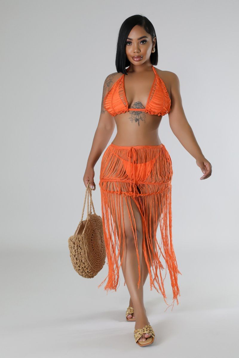 Orange Knitted Crochet Bra Top with Long Tassel Skirt Coverup Sets