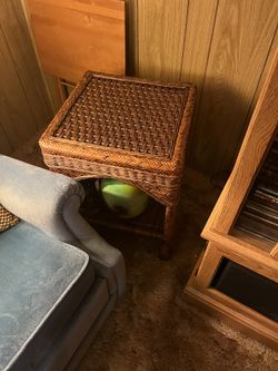 Vintage Bamboo Rayan Side Table With Bottom Shelf. 