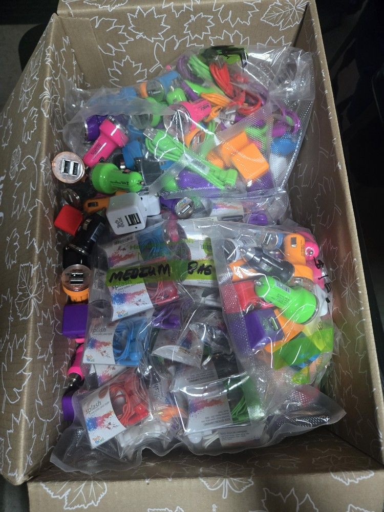Box of Wall & Car Chargers Cables Stylus & EarPhones for SALE NEW