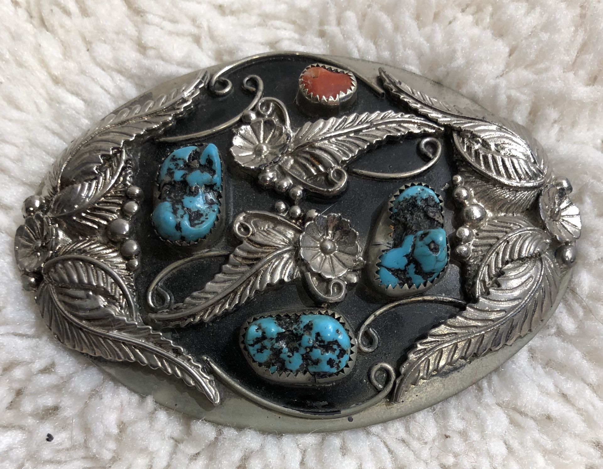 GORGEOUS VINTAGE TURQUOISE/CORAL & SILVER BELT BUCKLE
