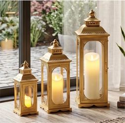 Set of 3 Vintage Candle Lanterns 10/14/19.5''H Decorative Outdoor Lantern Metal Candle Holder with Tempered Glass